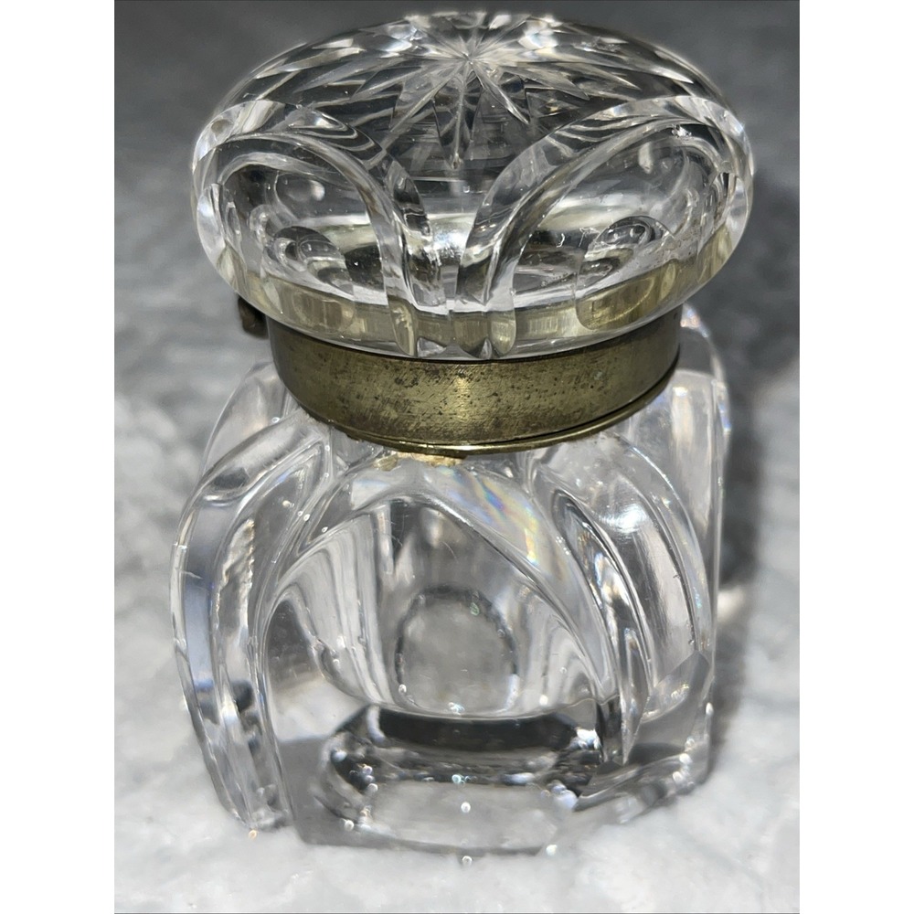 Antique Crystal Cut Glass Inkwell Asprey‎ Co. ?   Brass Hinged Lid 19th Century - Picture 5 of 11